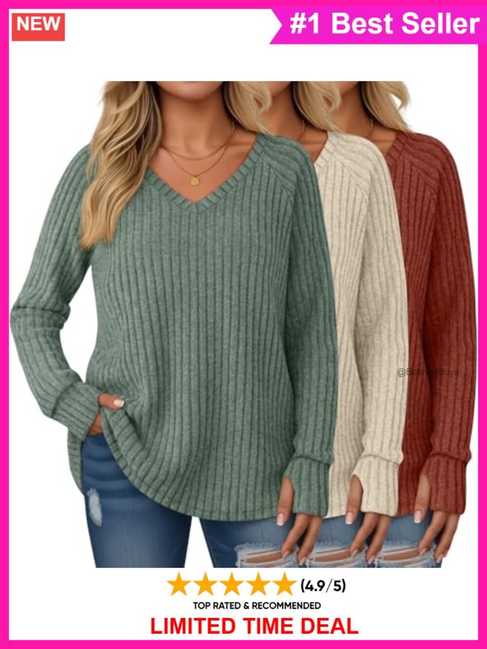 Plus Size Tunic Sweaters 3 Pack Thumbhole V Neck Ribbed Knit Loose Fit Fall Top